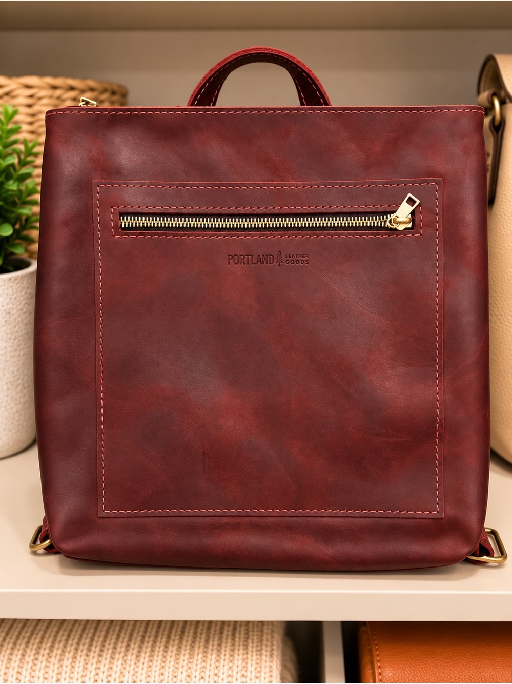 Portland Leather Goods | Medium Tote Backpack Leather in Wine Red Maroon